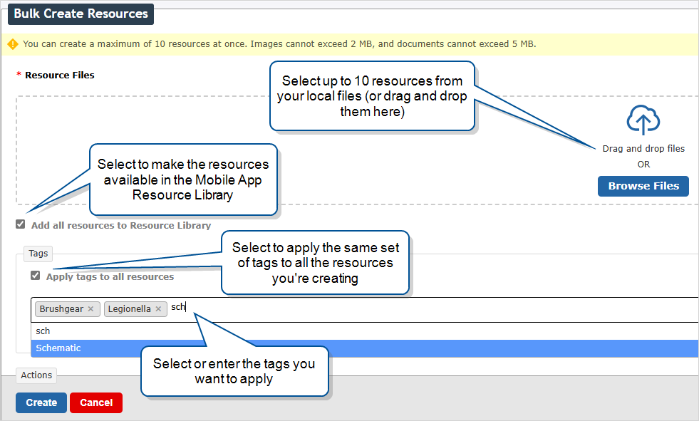 Bulk Create Resources page that shows the following options: 1. Browse or drag and drop the files to upload; 2. Add all the resources to the Mobile App Resource Library; 3. Apply the same set of tags to all the resources you're uploading; 4. Select or enter the tags to apply.